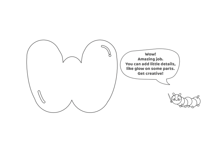 Étape 6 - Comment dessiner la lettre bulle W - Blog d'activités pour enfants - texte : Wow !  Travail incroyable.  Vous pouvez ajouter de petits détails, comme de la lueur sur certaines parties.  Faire preuve de créativité!