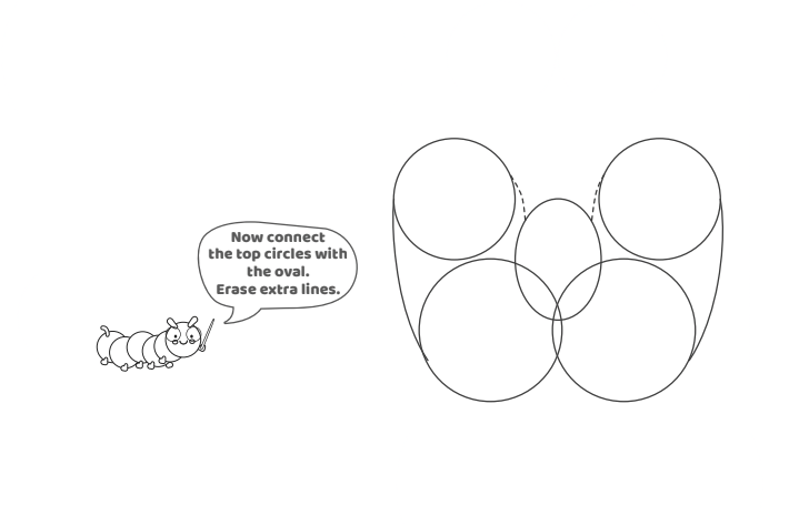 Étape 5 - Comment dessiner la lettre à bulles W - Blog d'activités pour enfants - texte : Reliez maintenant les cercles supérieurs à l'ovale.  Effacer les lignes supplémentaires.