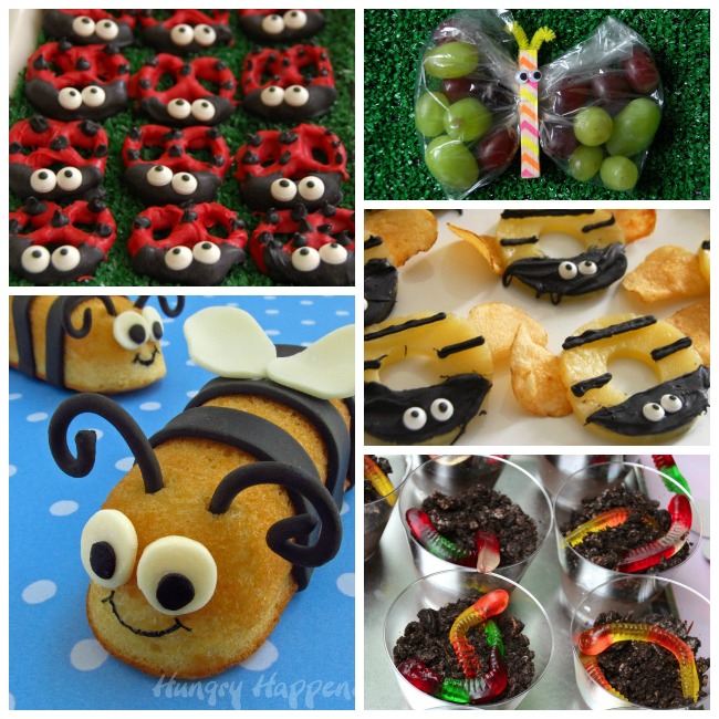 Des aliments sur le thème des insectes, notamment des coccinelles, des raisins, des abeilles, de la boue et des vers.
