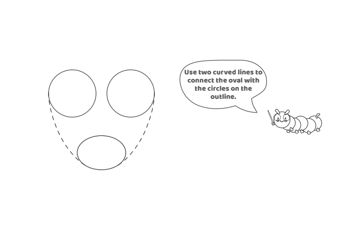 Étape 4 - Comment dessiner la lettre bulle V - Blog d'activités pour enfants - texte : Utilisez deux lignes courbes pour relier l'ovale aux cercles du contour.