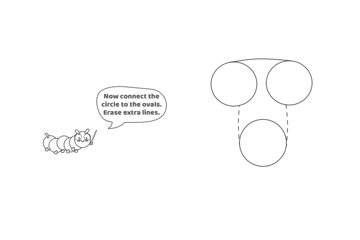 Étape 5 - Comment dessiner la lettre à bulles T - Blog d'activités pour enfants - texte : Connectez maintenant le cercle aux ovales.  Effacer les lignes supplémentaires.
