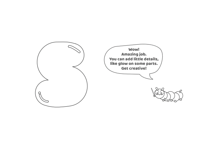 Étape 6 - Comment dessiner la lettre bulle S - Blog d'activités pour enfants - texte : Wow !  Travail incroyable.  Vous pouvez ajouter de petits détails, comme de la lueur sur certaines parties.  Faire preuve de créativité!