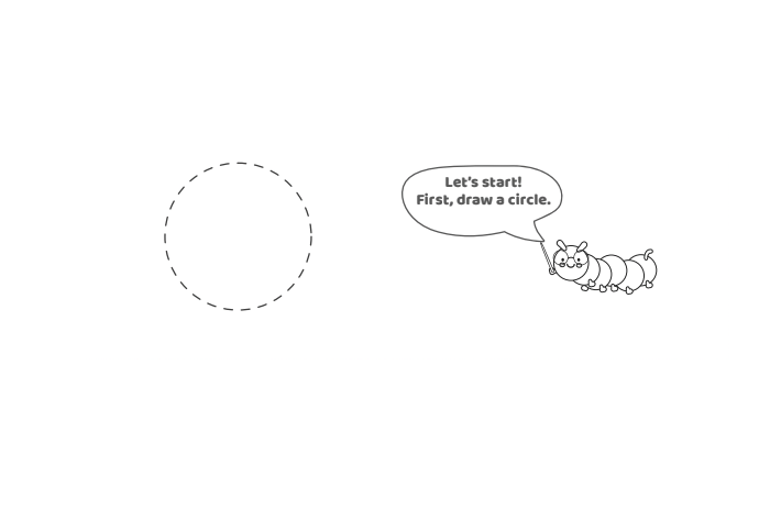 Étape 1 - Comment dessiner la lettre bulle S - Blog d'activités pour enfants - texte : Commençons !  Tout d'abord, dessinez un cercle.