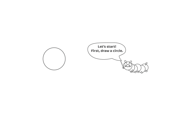 Étape 1 - Comment dessiner la lettre à bulles U - Blog d'activités pour enfants - texte : Commençons !  Tout d'abord, dessinez un cercle.