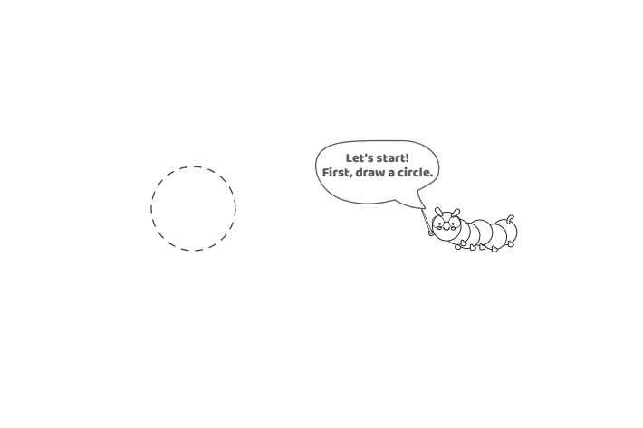 Étape 1 - Comment dessiner la lettre bulle V - Blog d'activités pour enfants - texte : Commençons !  Tout d'abord, dessinez un cercle.