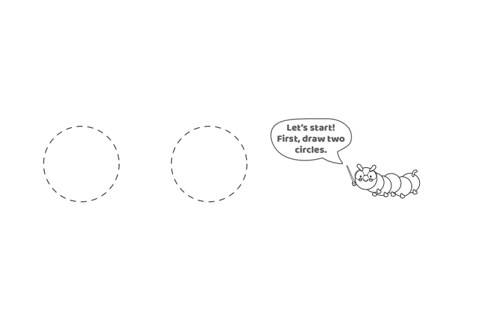Étape 1 - Comment dessiner la lettre bulle W - Blog d'activités pour enfants - texte : Commençons !  Tout d'abord, dessinez deux cercles.