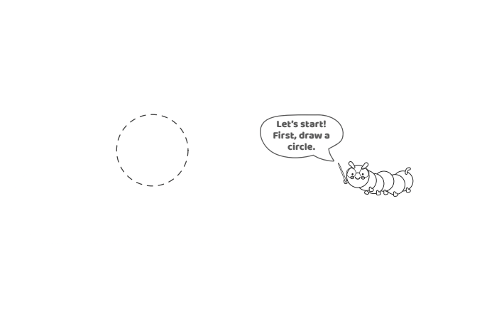 Étape 1 - Comment dessiner la lettre bulle X - Blog d'activités pour enfants - texte : Commençons !  Tout d'abord, dessinez un cercle.