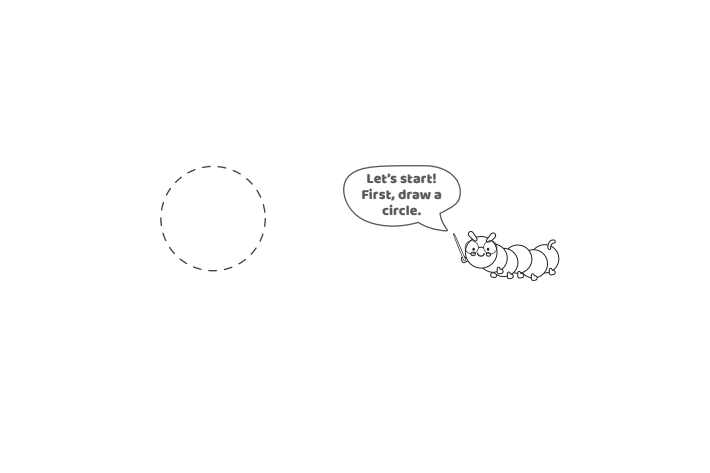 Étape 1 - Comment dessiner la lettre bulle Y - Blog d'activités pour enfants - texte : Commençons !  Tout d'abord, dessinez un cercle.