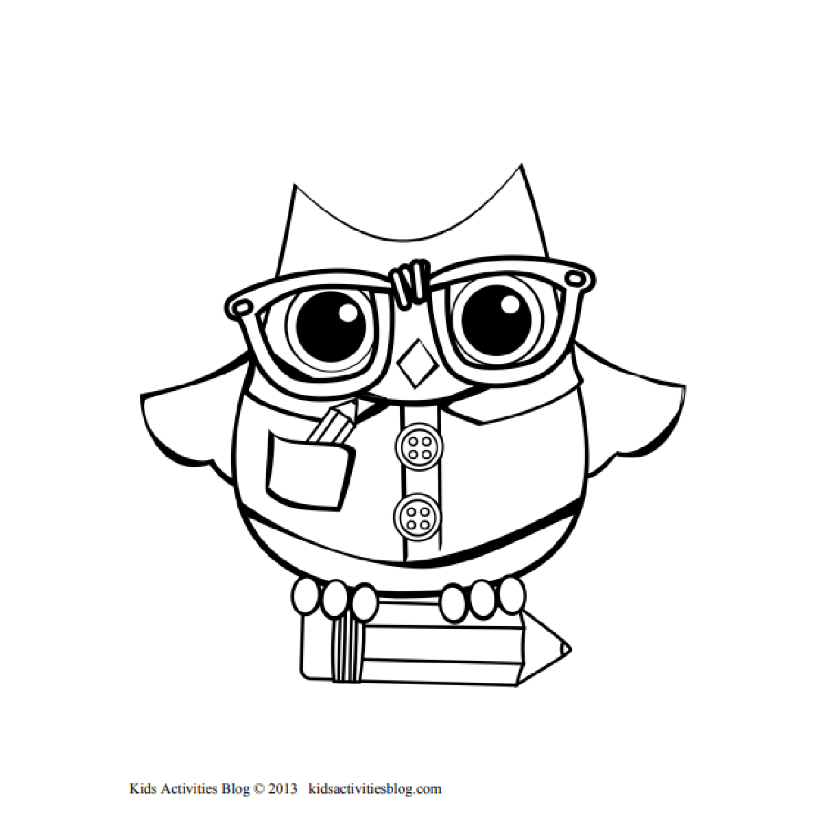 Feuille de coloriage hibou de la rentrée avec lunettes et crayon imprimé fichier pdf noir et blanc page 2 - blog d'activités pour enfants