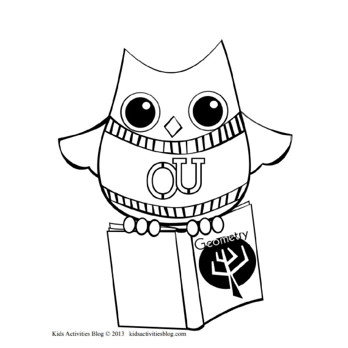 Feuille de coloriage hibou de la rentrée scolaire, fichier PDF imprimé en noir et blanc avec livre- Page 1- Blog d'activités pour enfants