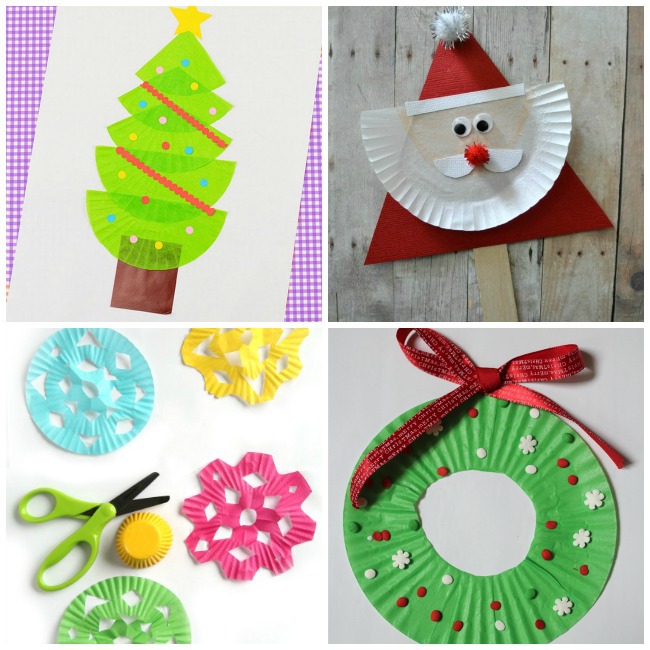 artisanat d'arbre de Noël en papier de cupcake, artisanat de père Noël, artisanat de flocon de neige et artisanat de couronne de Noël.