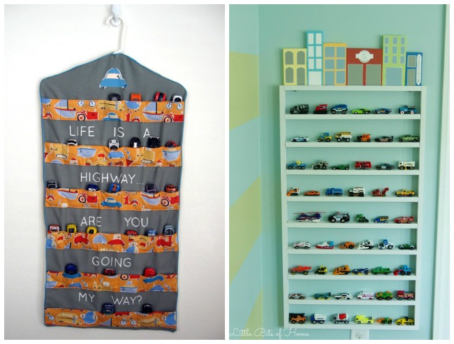 15 Idées astucieuses de rangement pour voitures jouets pour le mur - en utilisant une unité de rangement pour chaussures à l'arrière de la porte ou une étagère intégrée peinte pour correspondre au mur