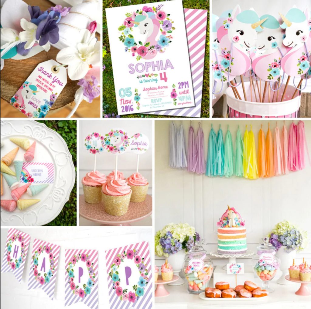 Décorations de fête licorne, invitations et décorations de gâteaux de Sunshine Parties