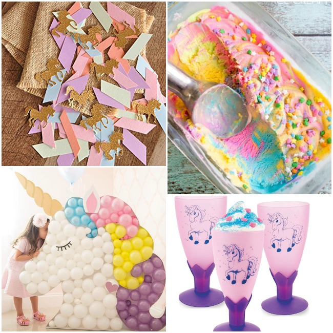 Des idées de fête de licorne comme des ballons de licorne blancs, bleus, roses, jaunes et roses, des gobelets de licorne violets et roses avec de la glace dedans, de la glace de licorne bleue, jaune et rose avec des paillettes et des pépites, et du violet, du vert , confettis de licorne rouges et roses.