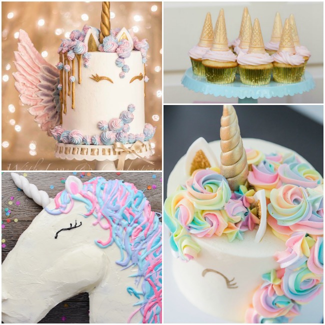 Gâteaux de licorne - il y a un gâteau de licorne doré et blanc avec une corne dorée et des ailes de meringue, des cupcakes licorne roses et dorés avec des cornes de cornet de glace, une licorne blanche avec des cheveux ondulés glacés roses, bleus et violets et une licorne blanche et dorée. gâteau aux cheveux de fleurs arc-en-ciel.