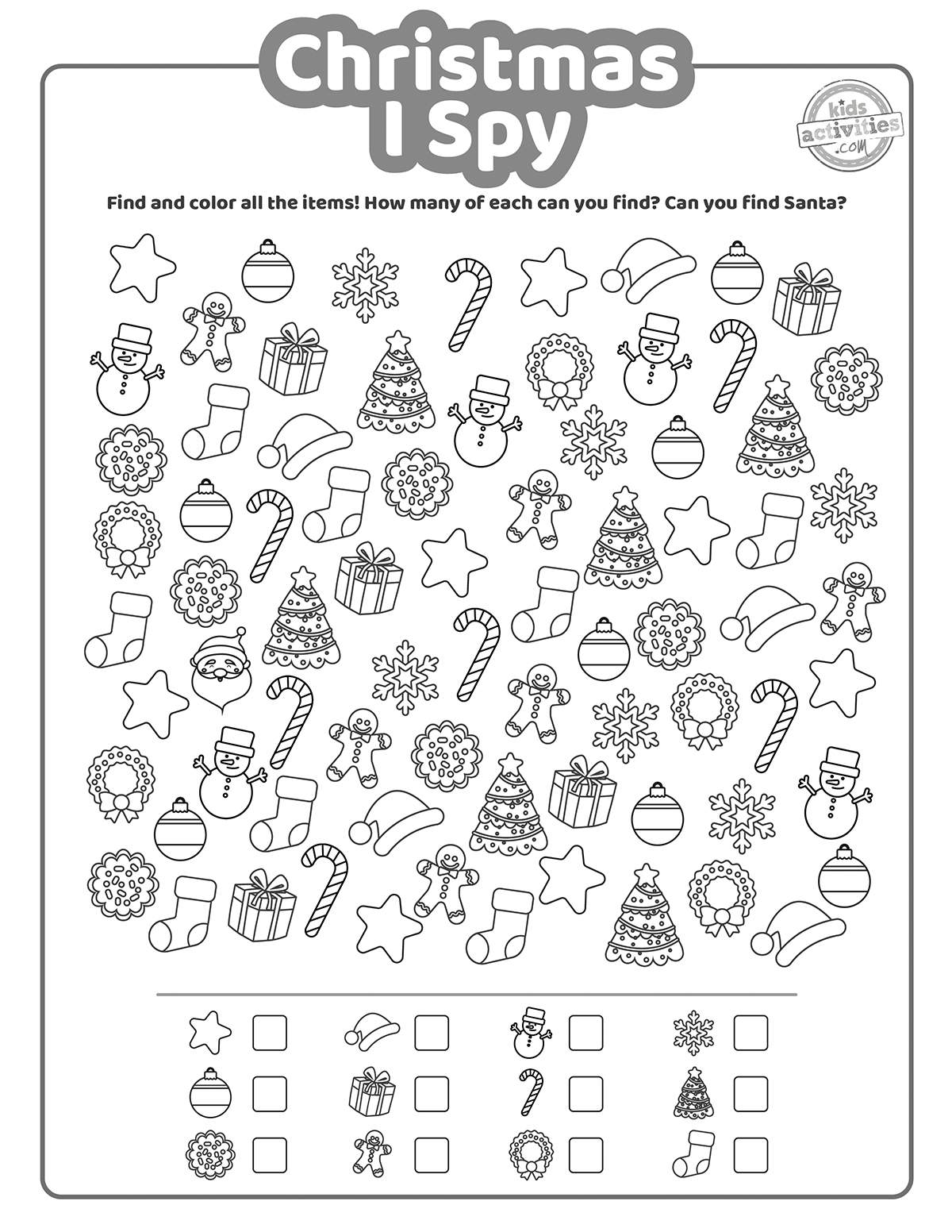 Jeu d'espionnage de Noël en noir et blanc avec des images festives que les enfants peuvent trouver, telles que des arbres de Noël, des ornements, des couronnes, des bonhommes de neige, des étoiles, des bas de Noël, des flocons de neige et des cannes de bonbon ; pour les enfants présenté en version pdf imprimée en noir et blanc du blog d'activités pour enfants.