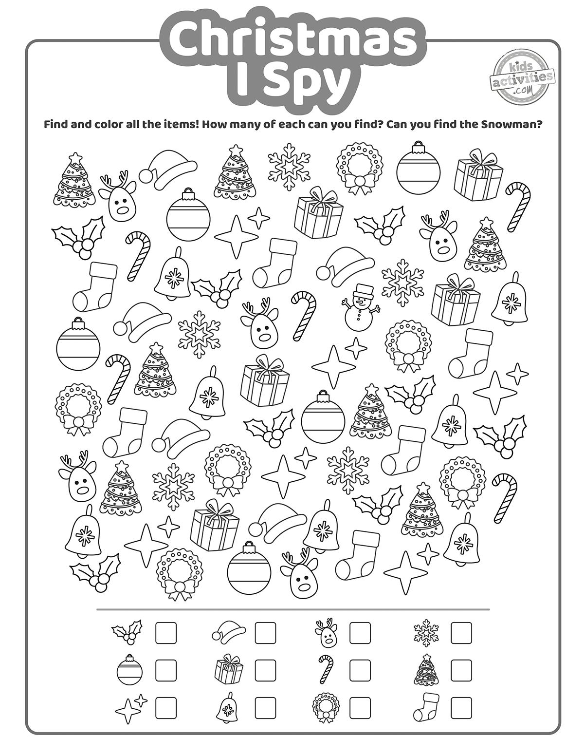 Jeu d'espionnage de Noël en noir et blanc avec des images festives que les enfants peuvent trouver, telles que des arbres de Noël, des ornements, des couronnes, des bonhommes de neige, des étoiles, des bas de Noël, des flocons de neige et des cannes de bonbon ; pour les enfants présenté en version pdf imprimée en noir et blanc du blog d'activités pour enfants.