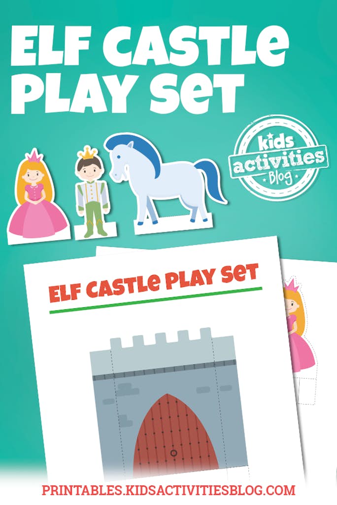 texte : Château d'Elfe imprimable - Blog d'activités pour enfants - fichiers pdf imprimés pour le château d'Elfe sur l'étagère imprimables sur du papier blanc ainsi que les poupées en papier finies - blog d'activités pour enfants