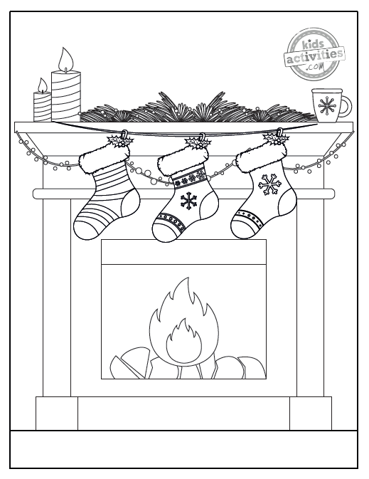 Coloriages de bas de Noël imprimés en fichier pdf avec 3 bas sur un foyer avec des décorations de Noël - blog d'activités pour enfants