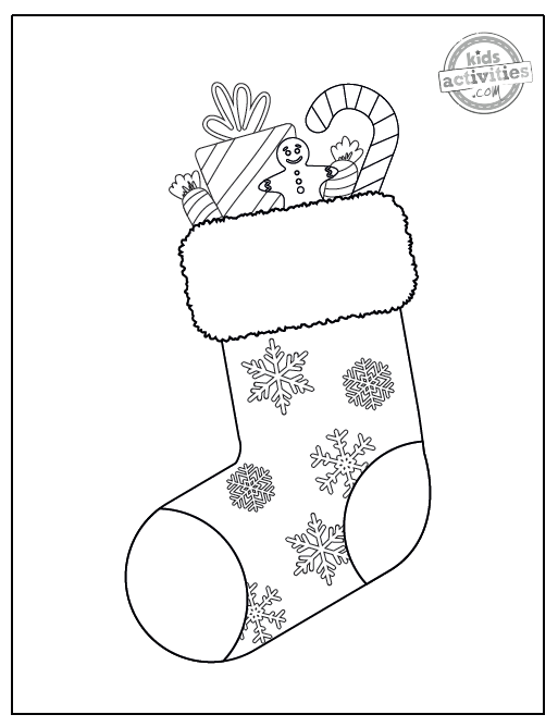 Page de coloriage de bas de Noël unique, fichier pdf imprimé avec des flocons de neige, des bonhommes en pain d'épice, des bonbons, des cadeaux - blog d'activités pour enfants