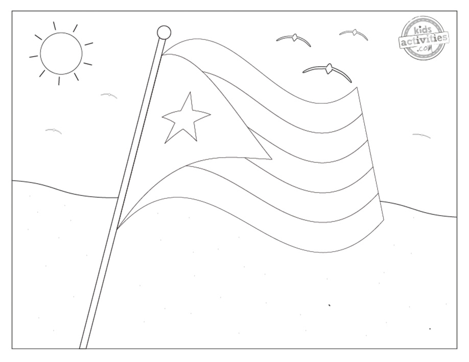 Coloriage du drapeau de Porto Rico 2 - Drapeau avec rayures, triangle et étoile imprimé fichier pdf noir et blanc flottant dans le vent - blog d'activités pour enfants