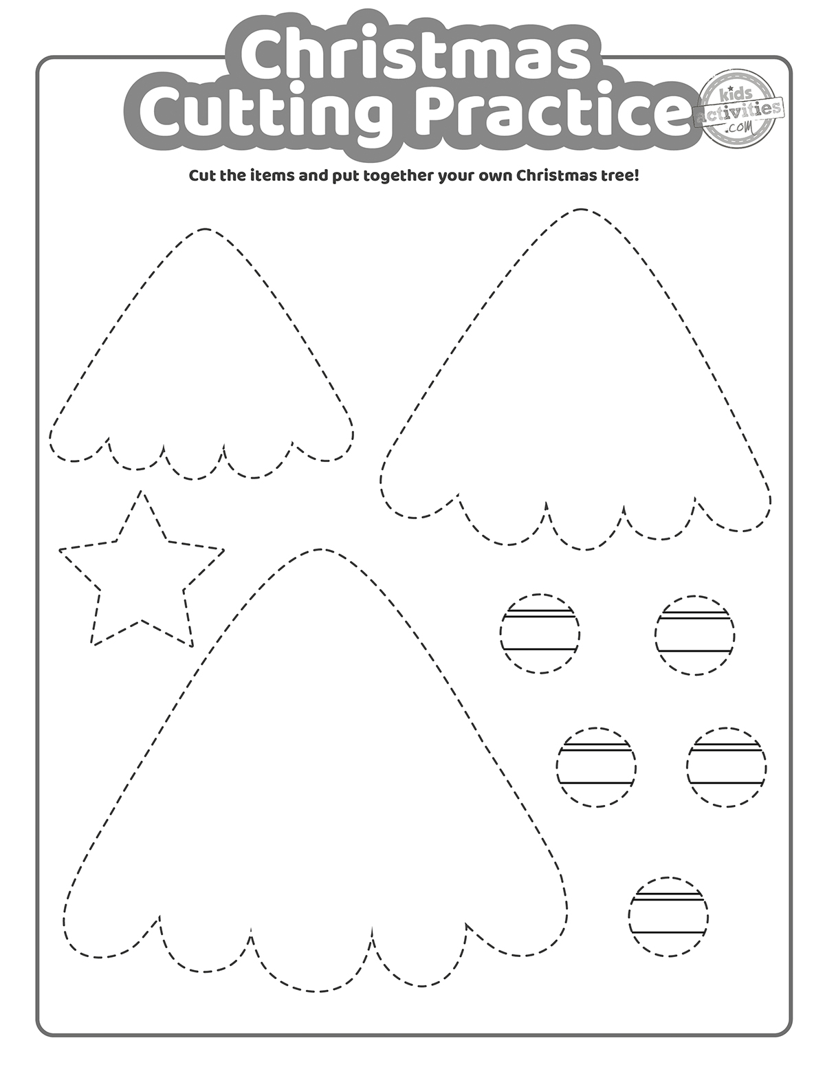 Capture d'écran de pages à colorier en noir et blanc avec des feuilles de pratique de découpe de Noël, comprenant divers personnages et formes de vacances.