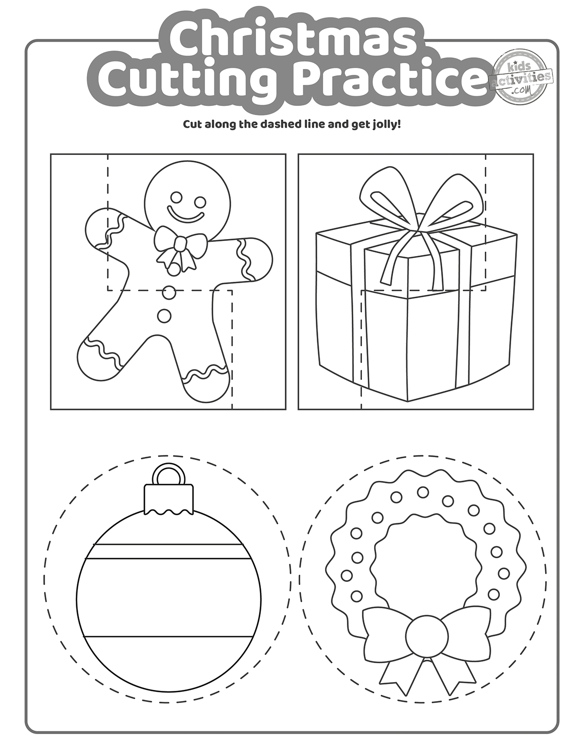 Capture d'écran de pages à colorier en noir et blanc avec des feuilles de pratique de découpe de Noël, comprenant divers personnages et formes de vacances.