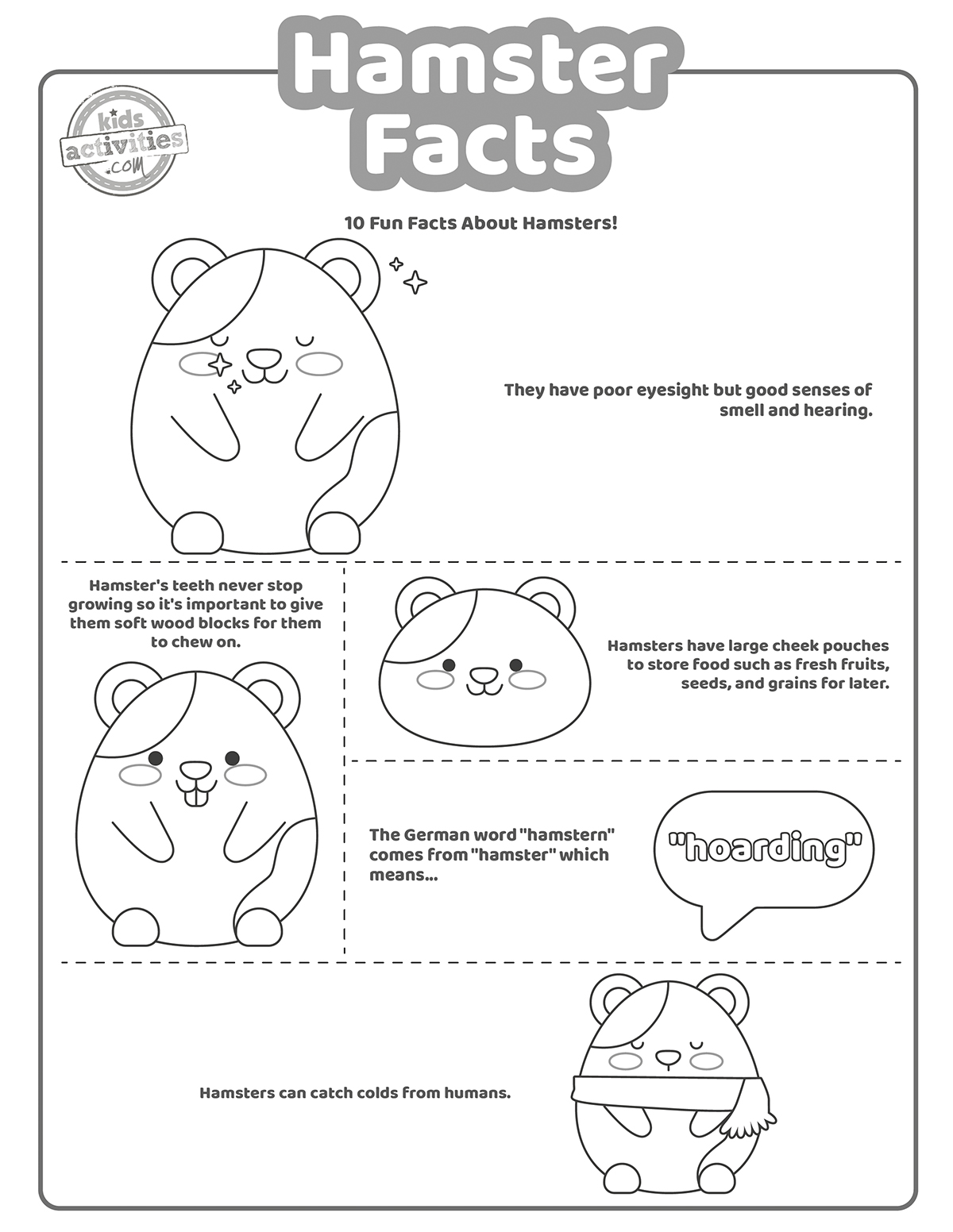 Pages à colorier de faits sur les hamsters - une feuille avec différents faits sur les hamsters et des dessins représentant les faits, page à colorier pour les enfants présentée en version pdf imprimée en noir et blanc du blog d'activités pour enfants.