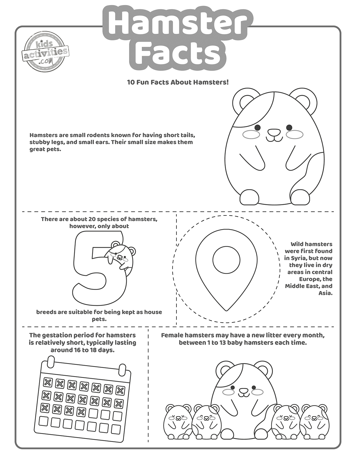 pages à colorier de faits sur les hamsters - une feuille avec différents faits sur les hamsters et des dessins représentant les faits, page à colorier pour les enfants présentée en version pdf imprimée en noir et blanc du blog d'activités pour enfants.
