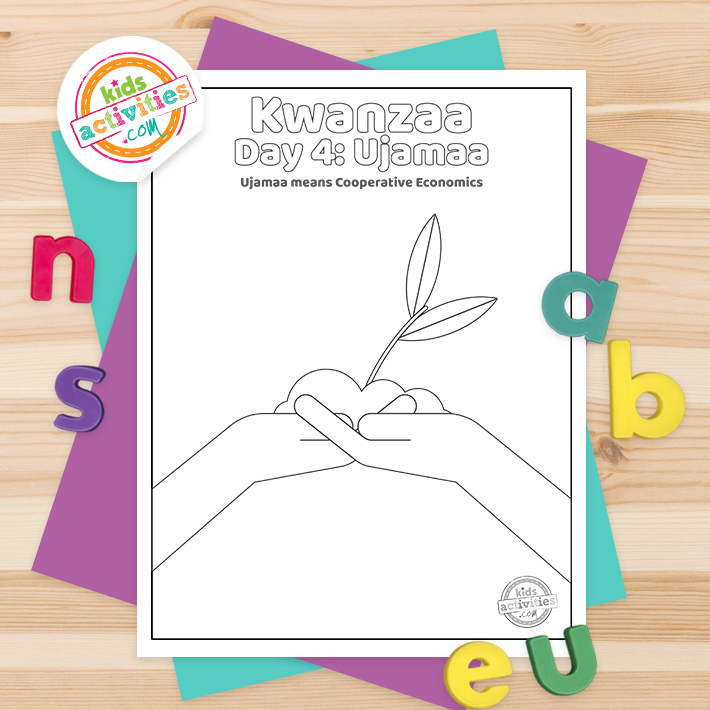 Kwanzaa Jour 4 Coloriage imprimé pdf noir et blanc sur fond en bois avec fournitures de coloriage et accessoires colorés - blog d'activités pour enfants