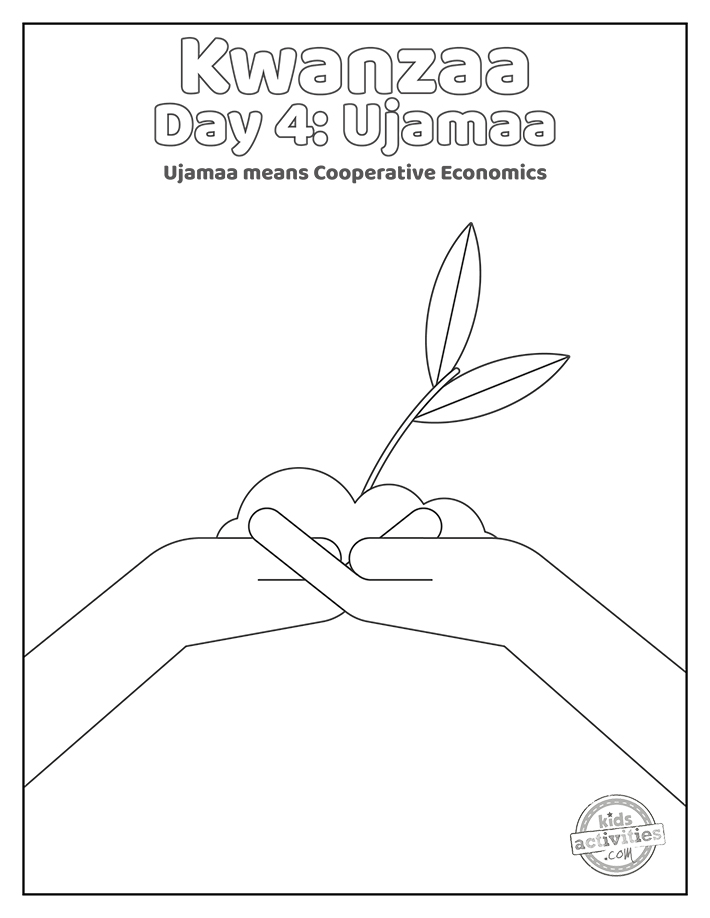 Kwanzaa Day 4 Coloriages noir et blanc imprimé pdf Ujamaa avec les mains et les plantes - blog d'activités pour enfants