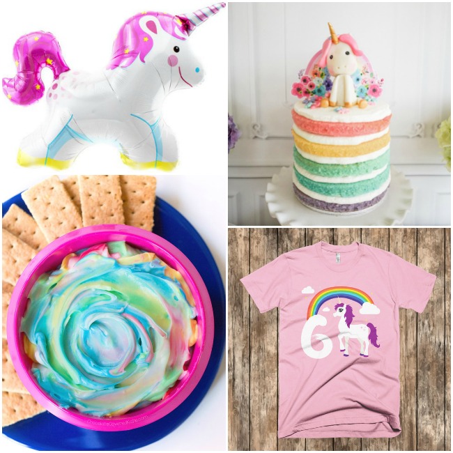 Idées de fête d'anniversaire de licorne avec une trempette de licorne arc-en-ciel blanche, jaune, verte, rouge et bleue avec des biscuits Graham, des ballons de licorne roses et blancs avec une corne rayée, un gâteau de licorne arc-en-ciel rouge, jaune, vert, bleu et violet avec du blanc du glaçage et une chemise de licorne arc-en-ciel rose avec l'âge d'anniversaire dessus !