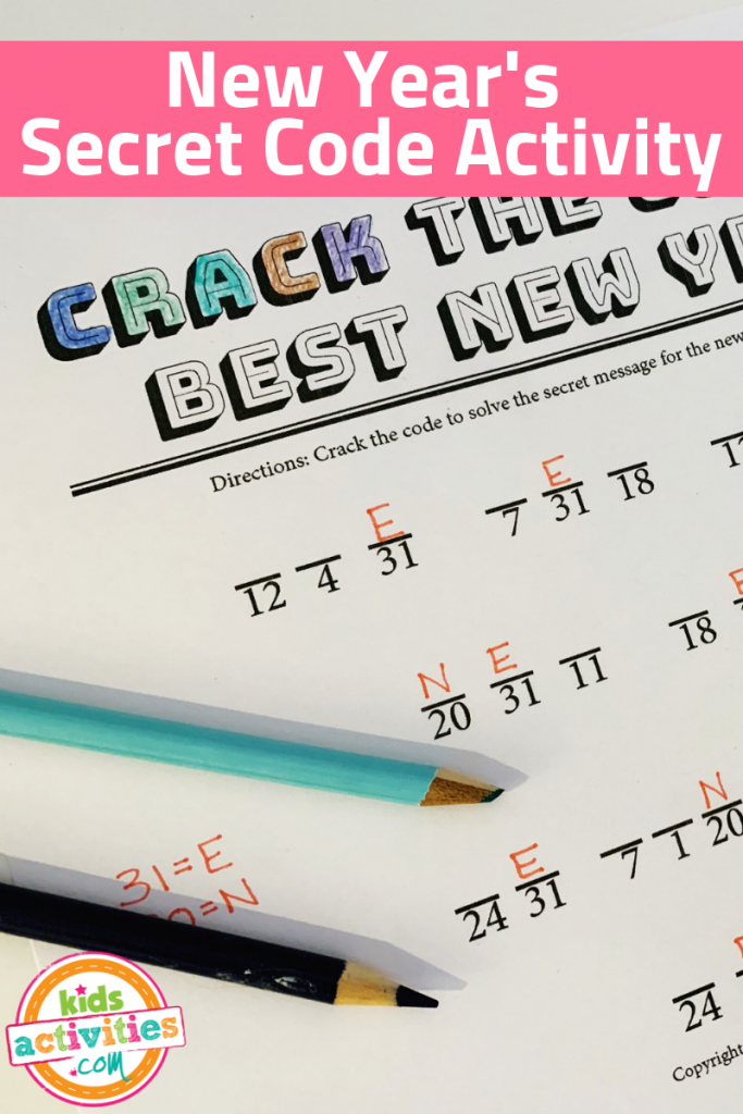 Texte : Activité de code secret du Nouvel An - Blog d'activités pour enfants - Imprimable avec déchiffrer le code et les chiffres, les lignes et les crayons