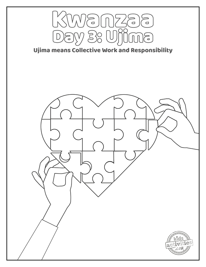 Coloriages Kwanzaa Day 3 imprimés pdf feuille de coloriage noir et blanc puzzle coeur ujima avec les mains - blog d'activités pour enfants