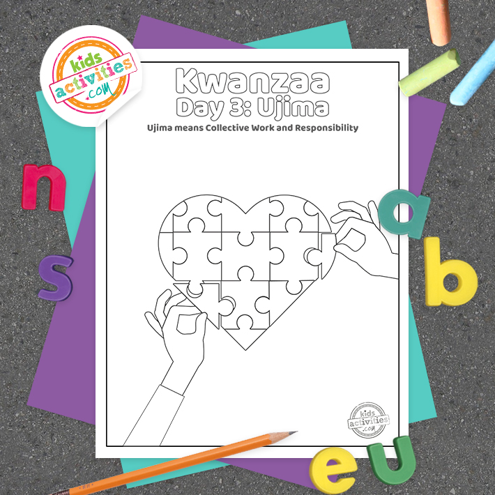 Kwanzaa Day 3 Coloriages pdf imprimés en noir et blanc sur fond sombre avec des accessoires de coloration et des accessoires colorés et le logo du blog d'activités pour enfants