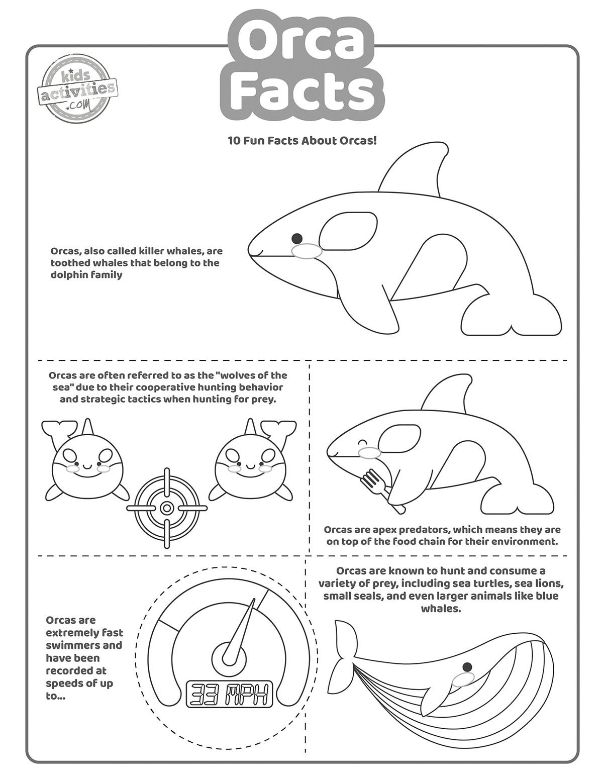 Capture d'écran d'un coloriage en noir et blanc avec des faits sur les orques