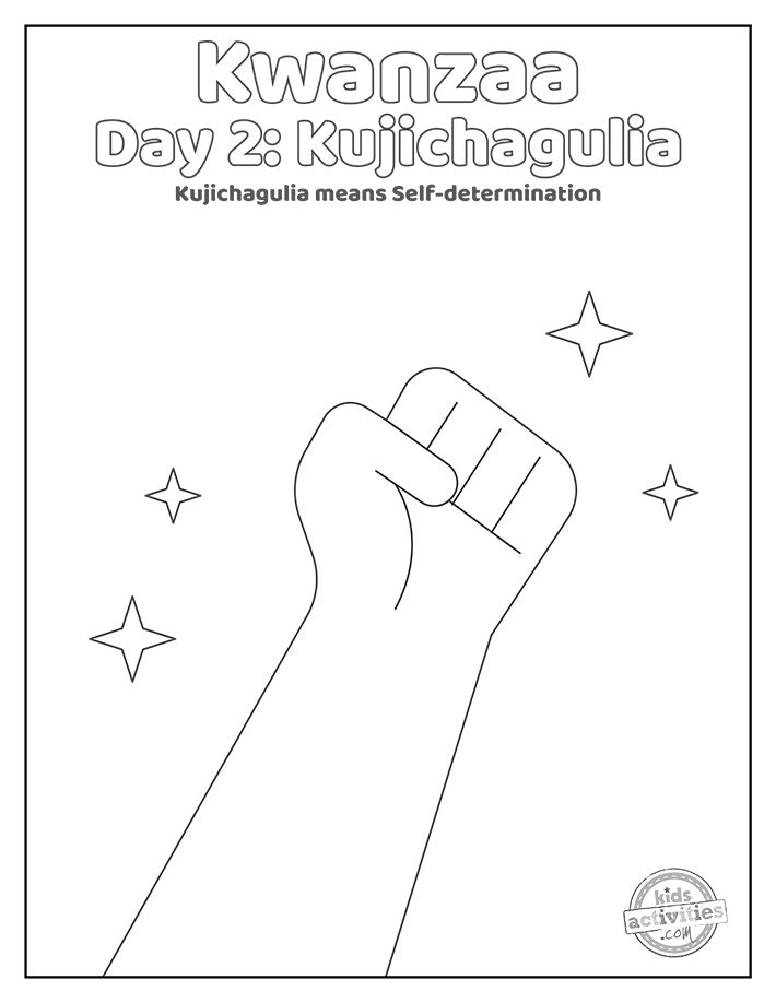 Coloriages Kwanzaa Day 2 fichier pdf imprimé kujichagulia avec poing et étincelles feuille de coloriage-blog d'activités pour enfants
