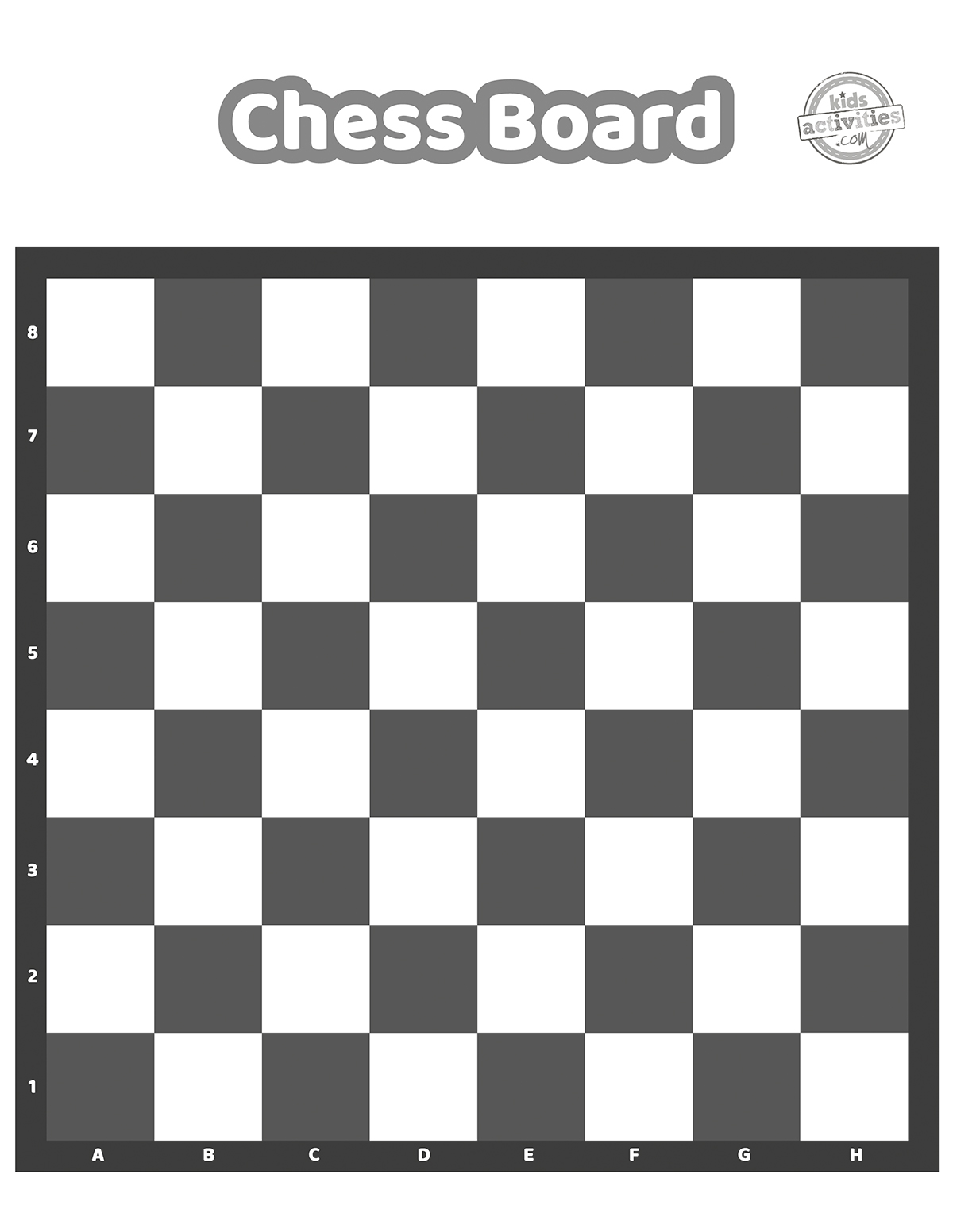 Page d'échiquier imprimable en noir et blanc avec A à H sur l'axe horizontal et 1 à 8 sur l'axe vertical. 