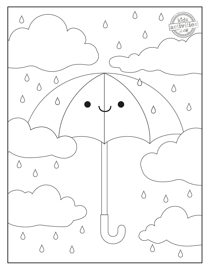 Coloriages de parapluie pdf #1 montre un parapluie qui remplit la page dans le ciel de gouttes de pluie et de nuages - Kids Activities Blog