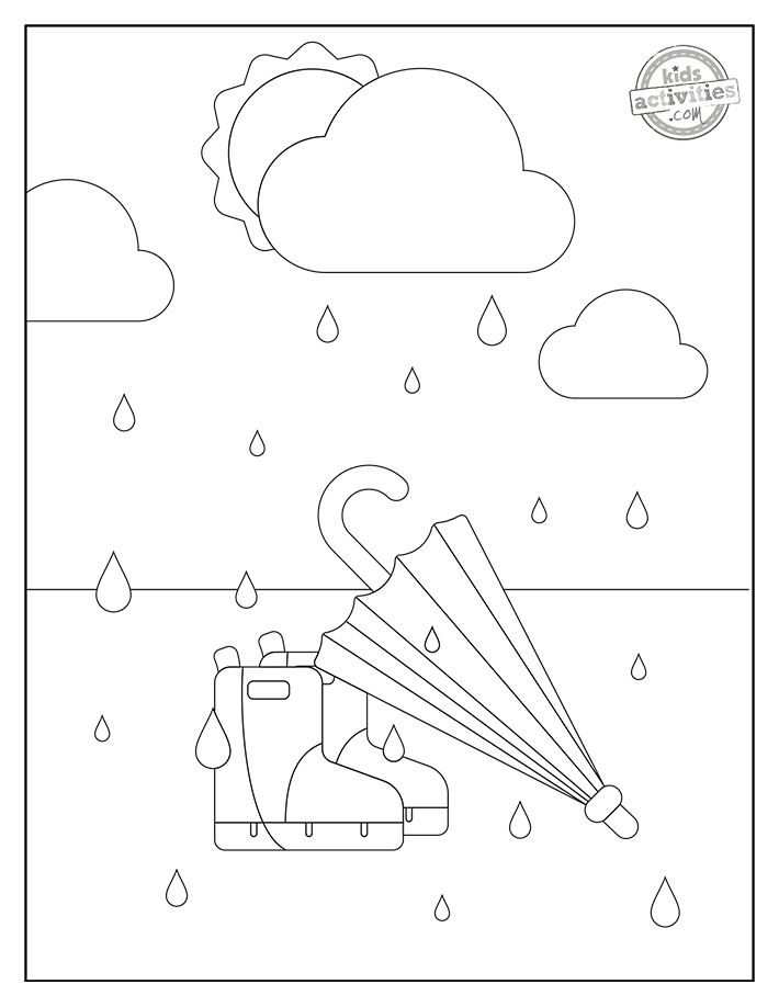 Coloriages Parapluie fichier pdf #2 - parapluie plié contre des bottes de pluie au sol avec des nuages et des gouttes de pluie - Kids Activities Blog