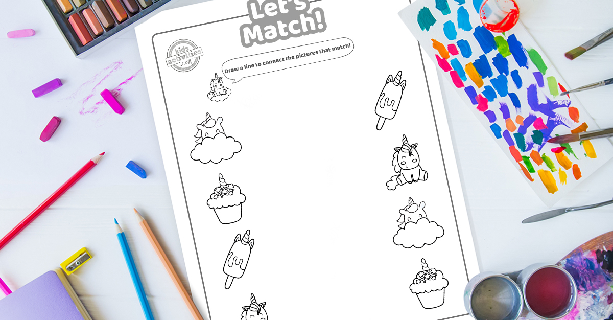 Feuille de travail de correspondance de licorne imprimable amusante pour les enfants d'âge préscolaire