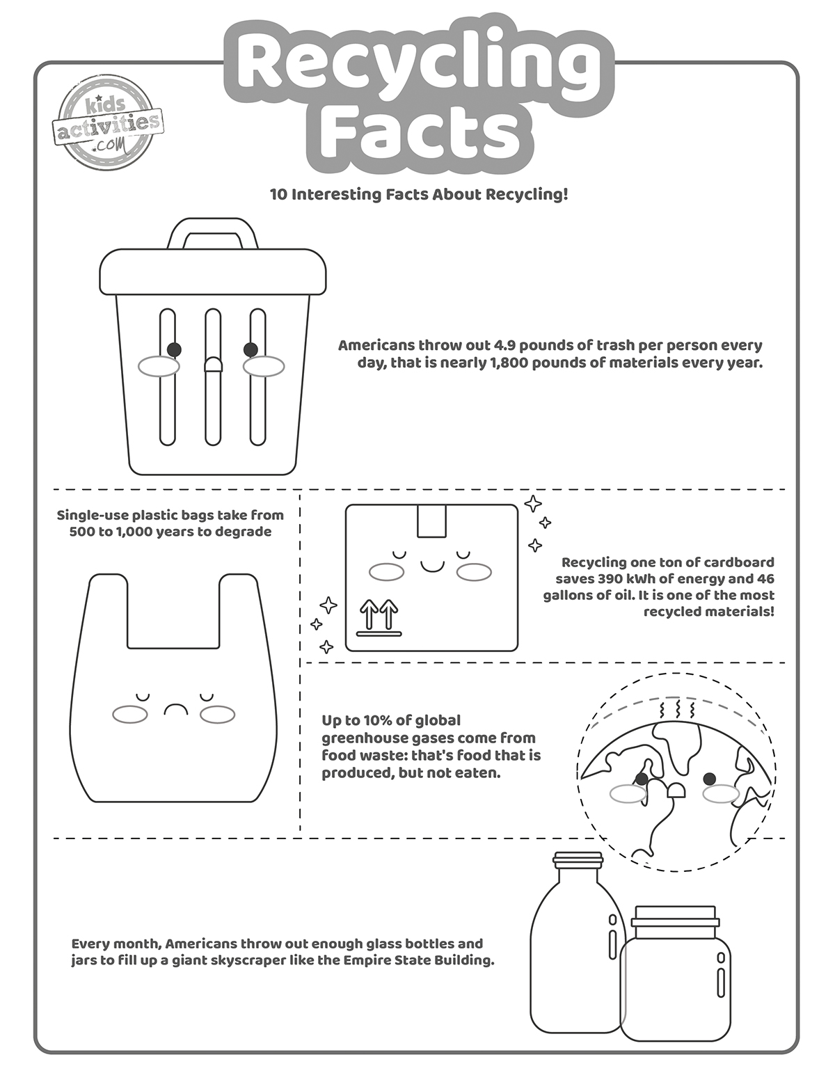 Coloriages de faits sur le recyclage - une feuille avec différents faits sur le recyclage et des dessins représentant les faits. page de coloriage pour les enfants présentée en version pdf imprimée en noir et blanc du blog d'activités pour enfants