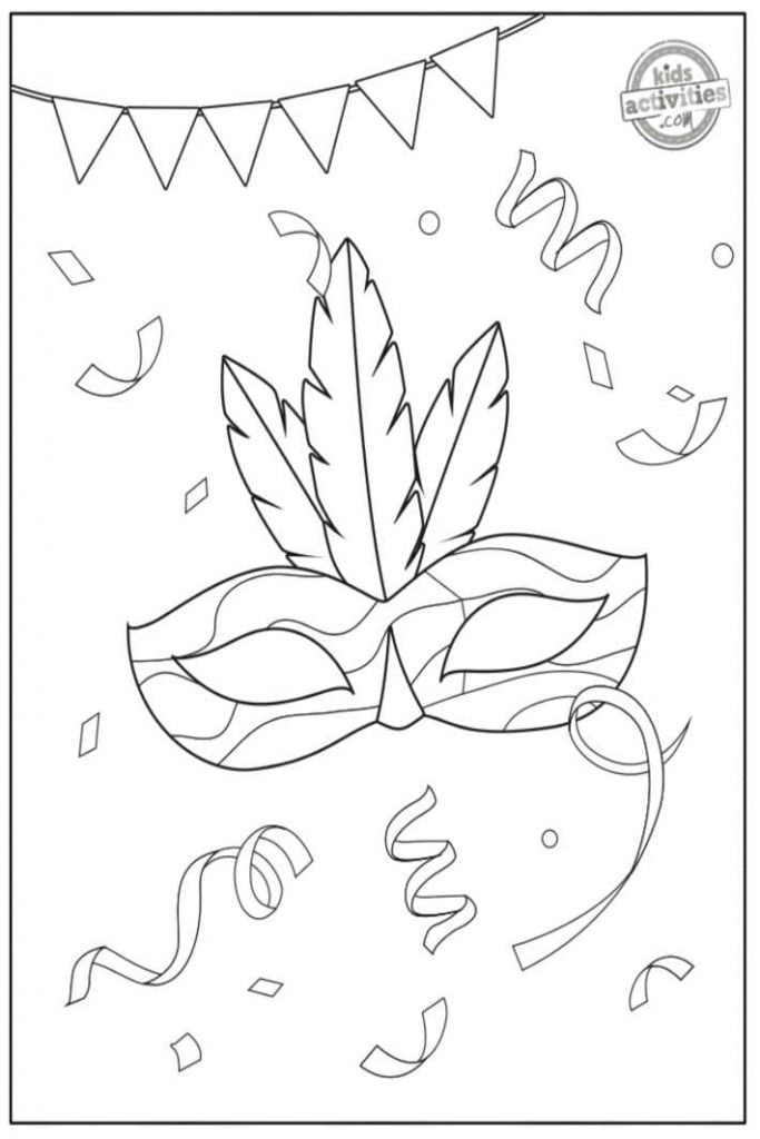 Coloriage du masque du mardi gras présenté en version pdf imprimée en noir et blanc - Kids Activities Blog