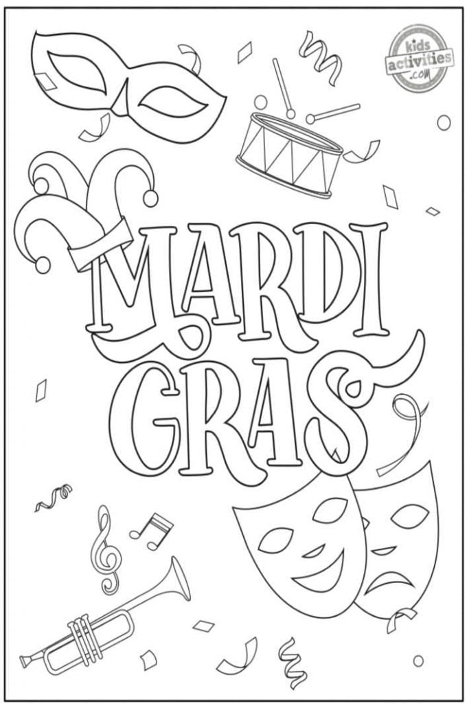 Coloriages de lettrage et de défilé du mardi gras en version pdf en noir et blanc - Kids Activities Blog