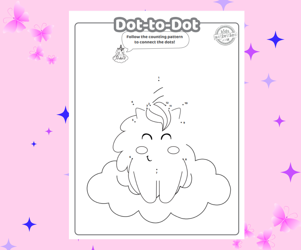 Feuille de calcul point à point imprimable sur un fond rose et scintillant avec des papillons - blog d'activités pour enfants