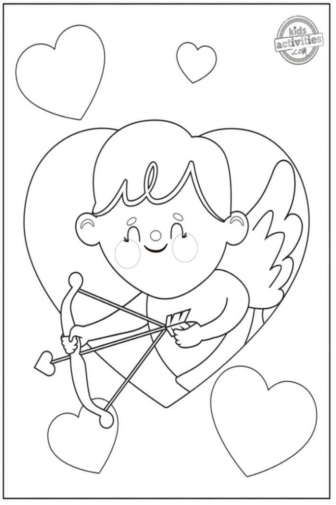 Coloriages de Cupidon pour la Saint-Valentin imprimés en pdf de Cupidon en coeur avec arc et flèche - Kids Activities Blog