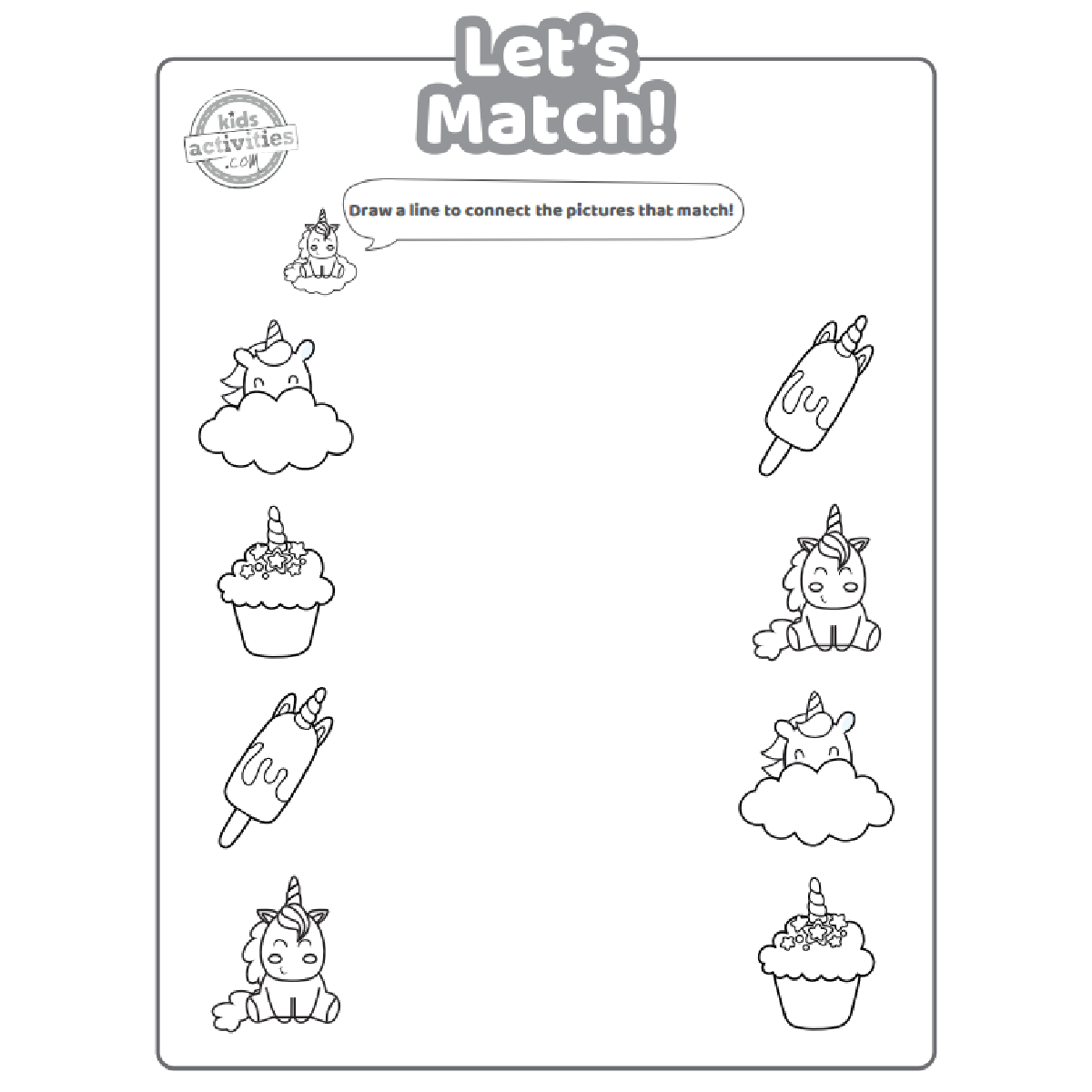 Feuille assortie de licorne imprimable gratuite, fichier pdf imprimé en noir et blanc - Blog d'activités pour enfants