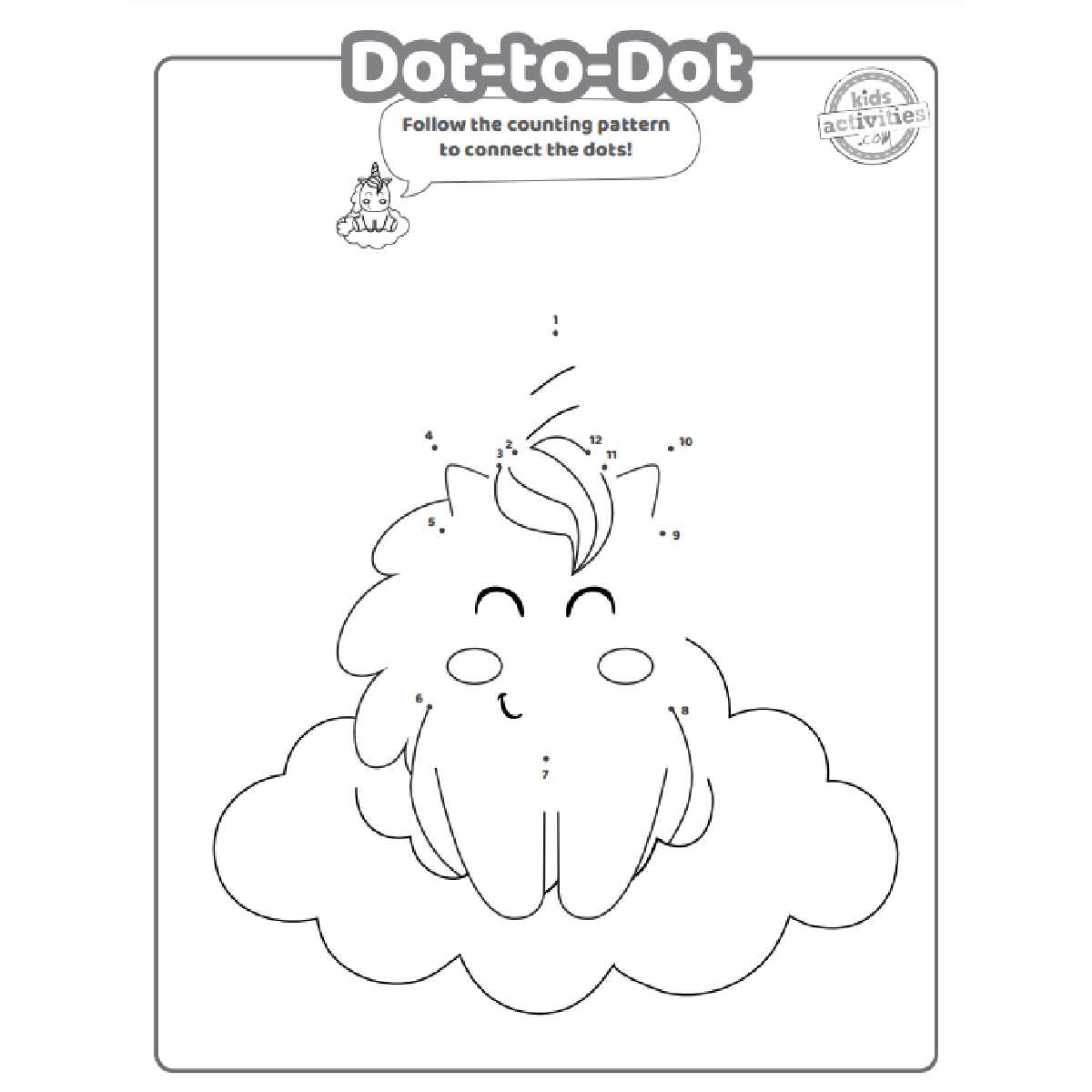 Feuille de travail Licorne point à point imprimé fichier pdf noir et blanc avec blog d'activités pour enfants licorne