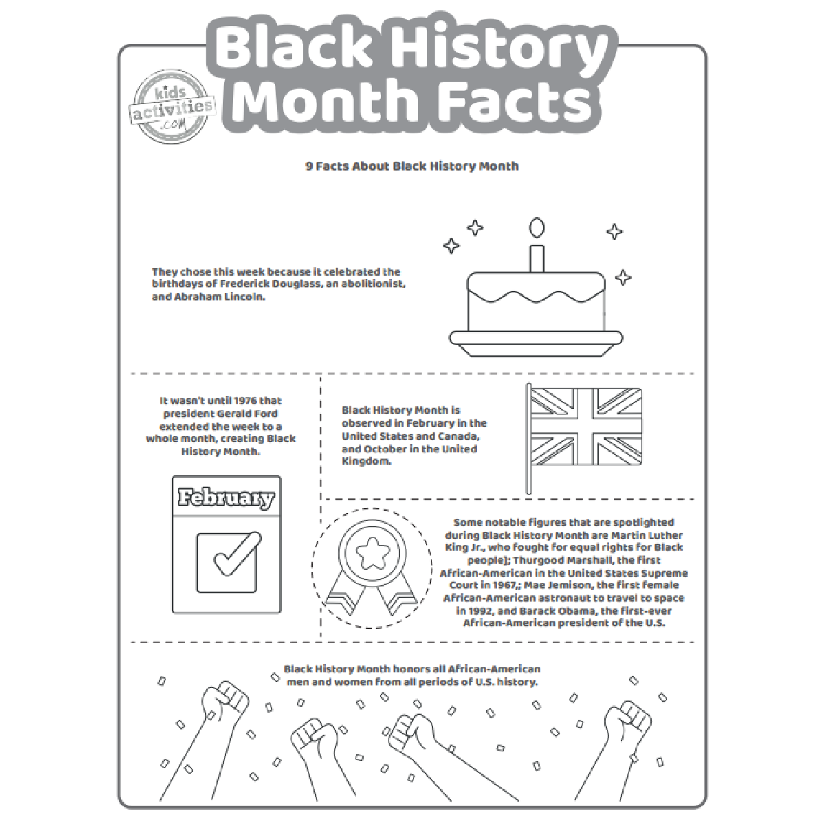 Les faits du Mois de l'histoire des Noirs ont imprimé la page deux du fichier PDF affiché en noir et blanc avec 5 faits intéressants pour les enfants sur le Mois de l'histoire des Noirs