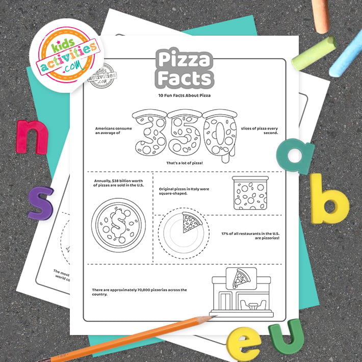 Feuilles de travail sur les faits sur la pizza sur une table sombre avec des fournitures d'artisanat et d'art - Kids Activities Blog
